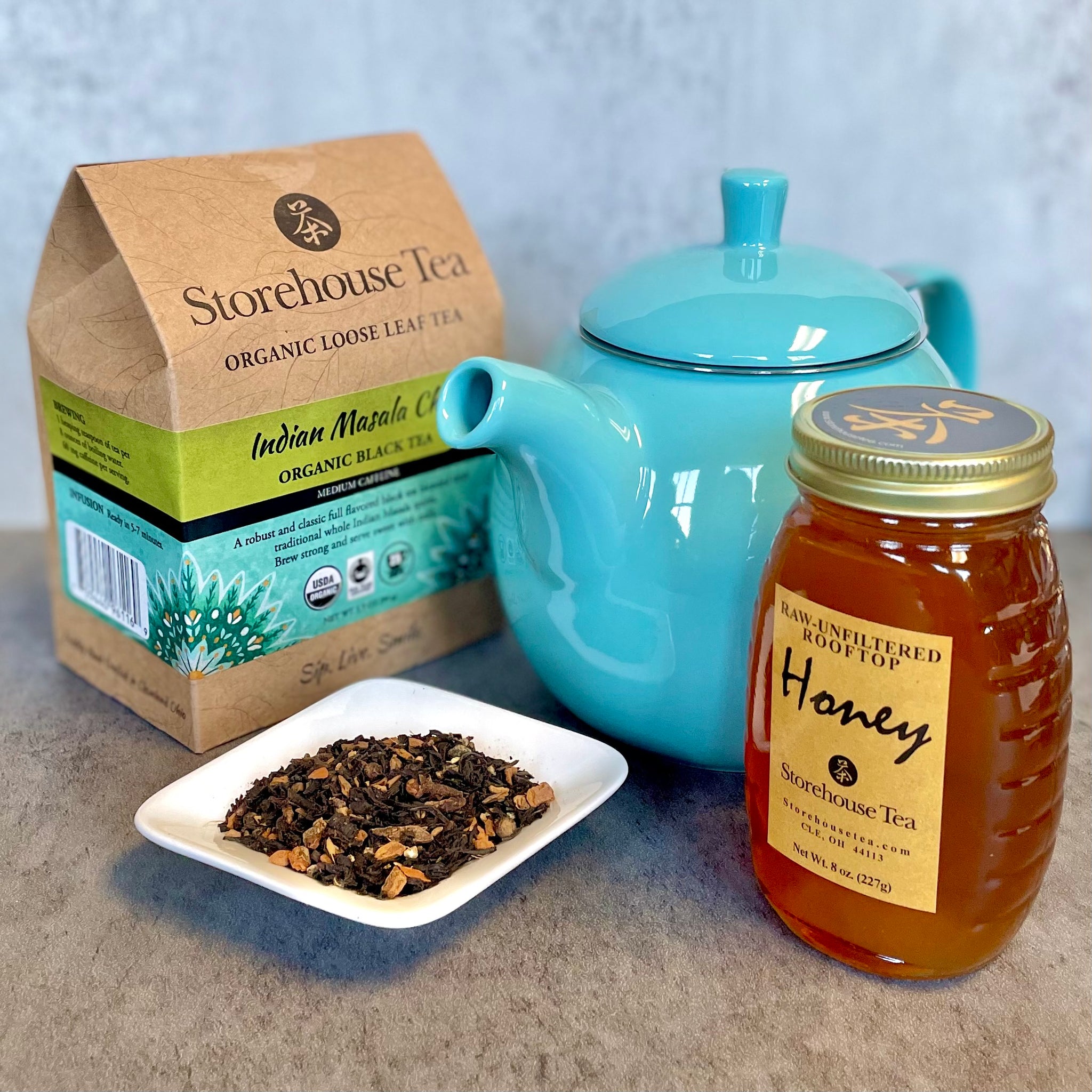 Organic Tea Organic Loose Leaf Tea + Raw Honey + Infuser Tea Pot | Storehouse Tea